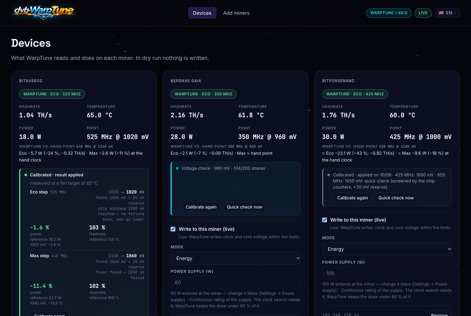WarpTune Desktop: device cards for a Bitaxe Gamma, a NerdAxe Gaia and a BitForge Nano with calibration results